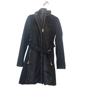 Celsius Premium Womens Faux Fur Wool Coat Jacket Long Belted Black Medium M